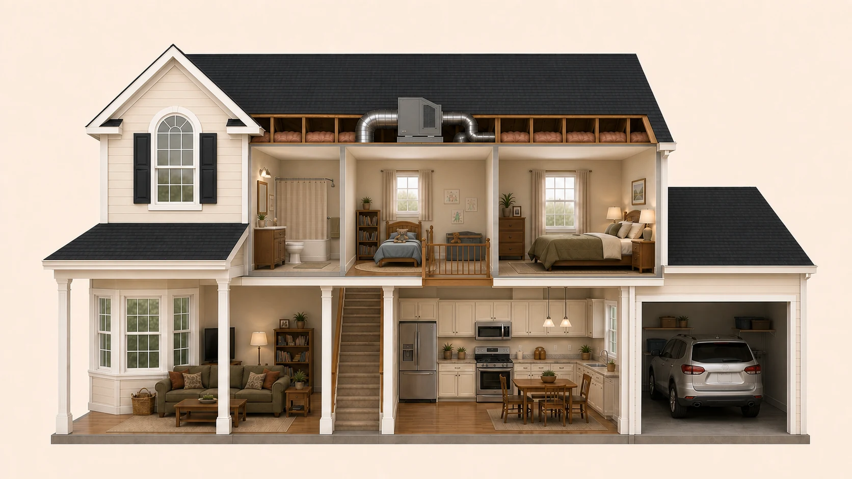 Cutaway illustration of a two-story house showing every room