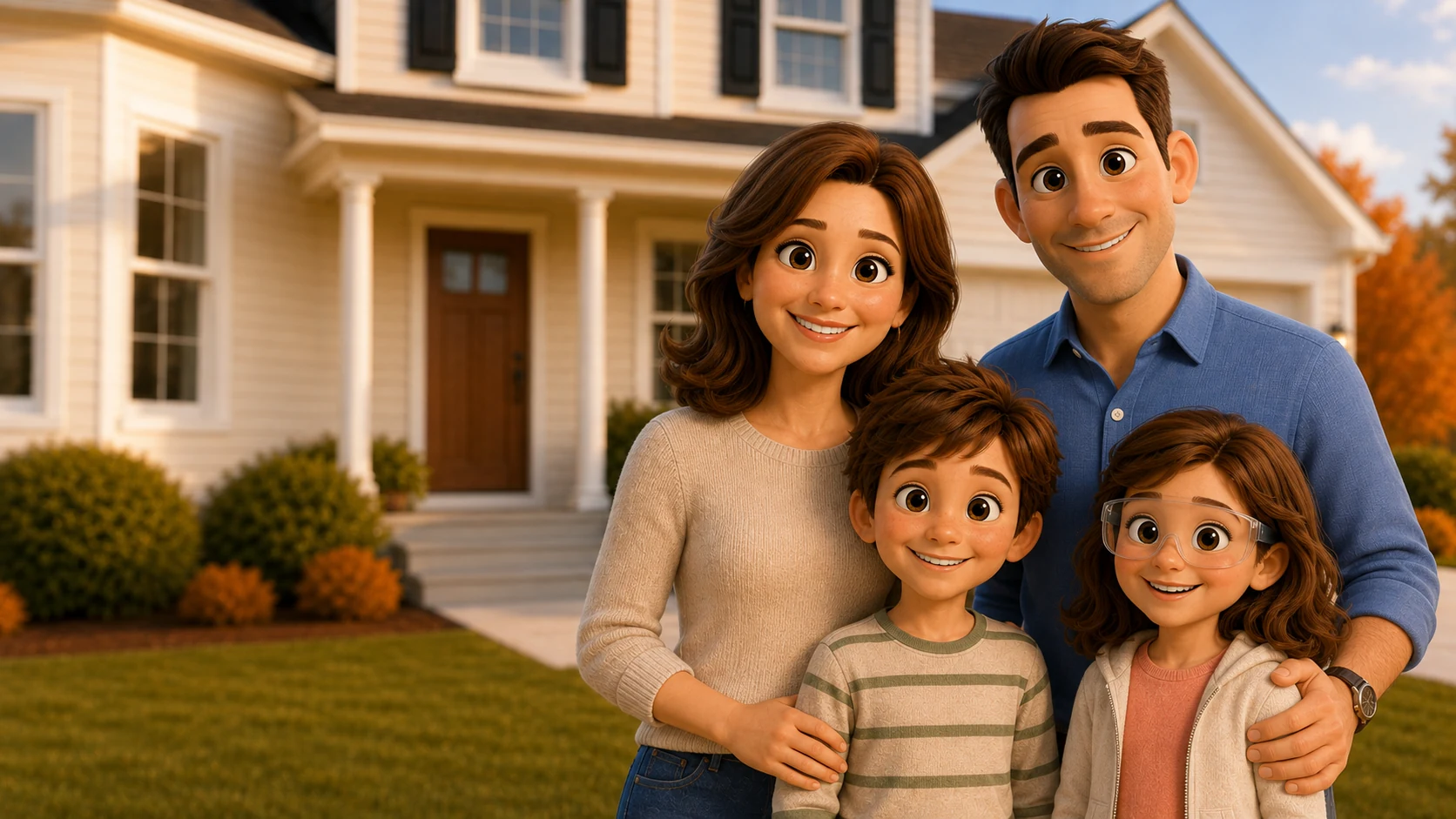 Family waving in front of their home